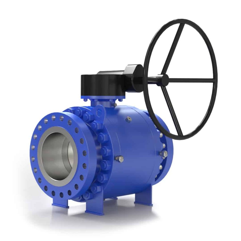 اولین تولیدکننده شیرآلات صنعتی فورج در ایران 4 Industrial flanged ball valve featuring a blue body, metallic ball, and manual actuator with a handle صمام توپی با قابلیت بالا، نشاندهنده اتصالات پایهای و فعالکننده دستی برای کنترل خودکار جریان